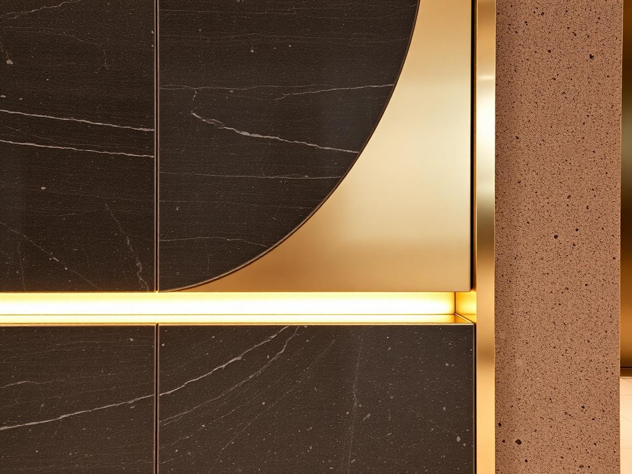 Architectural detail of dark stone panels and a warm brass reveal