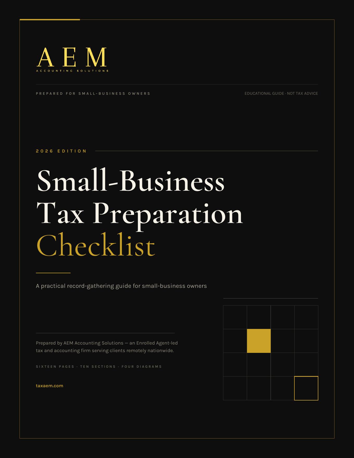 Cover of the 2026 Edition Small-Business Tax Preparation Checklist by AEM Accounting Solutions
