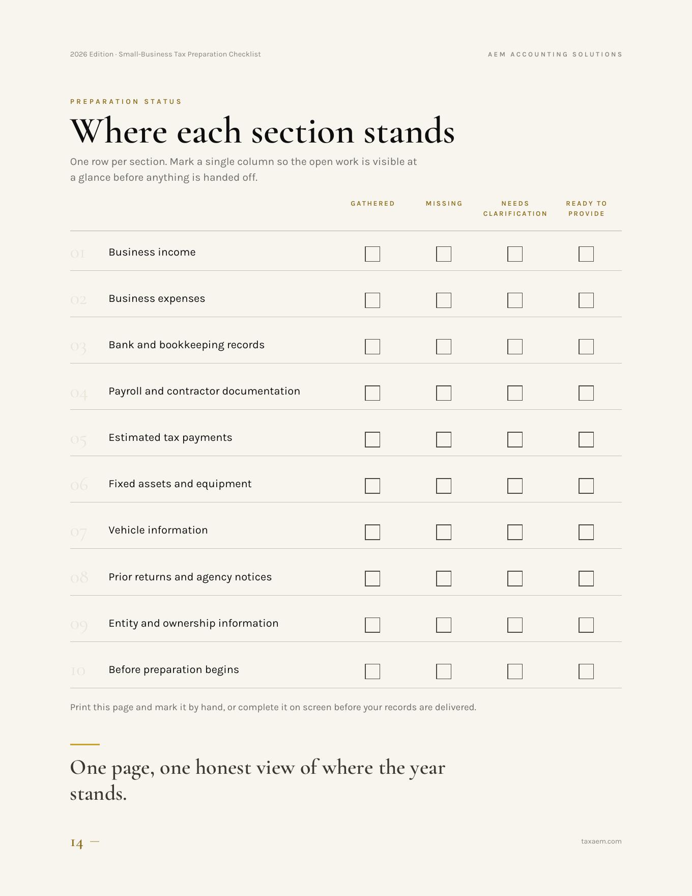 One-page preparation status tracker from the checklist