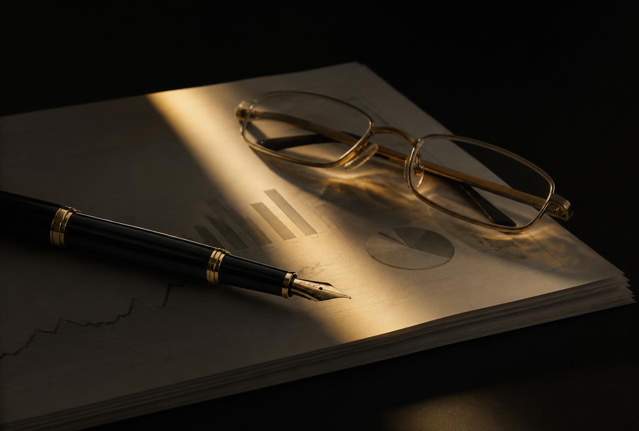 Financial statement, fountain pen and reading glasses on a dark desk
