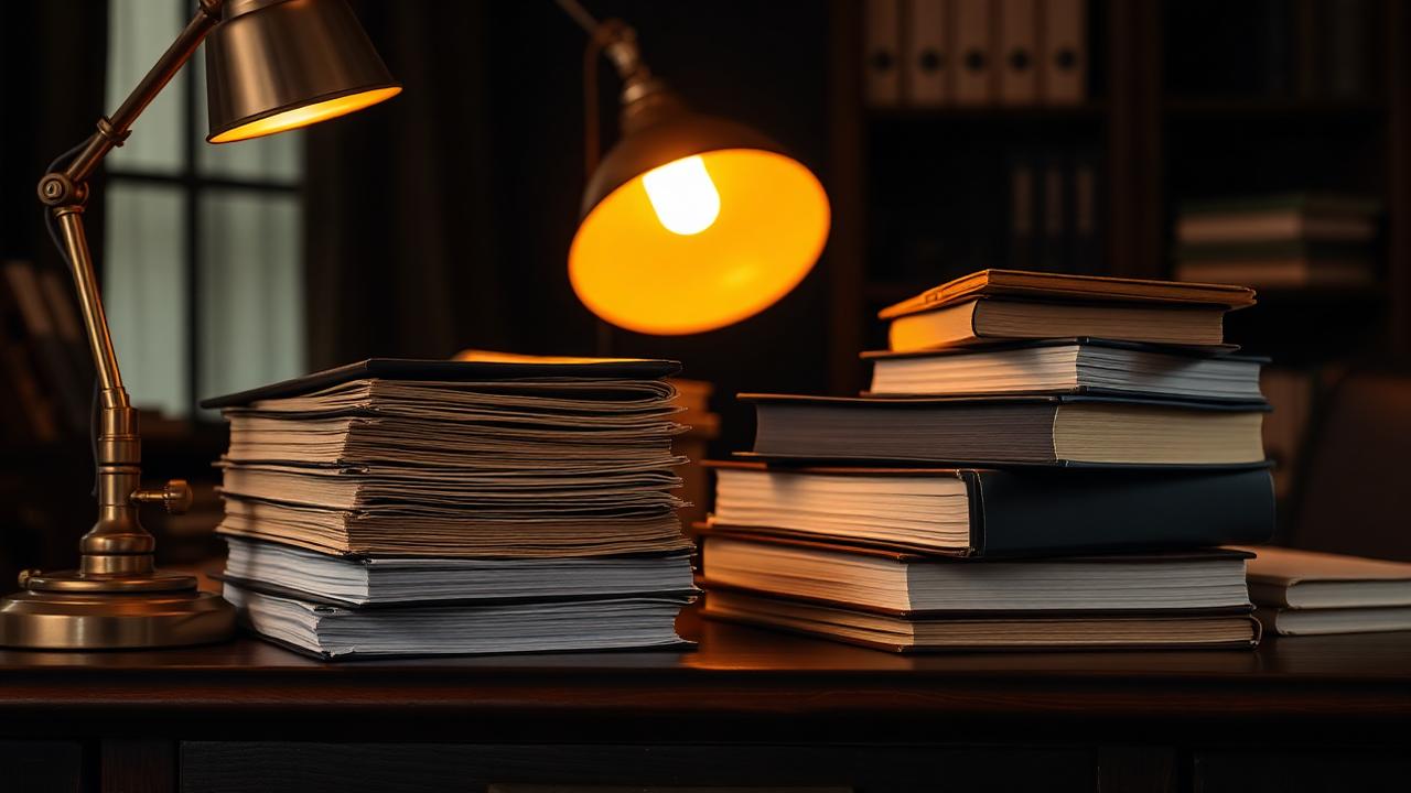 Stacked ledger folders and accounting books lit by a brass desk lamp