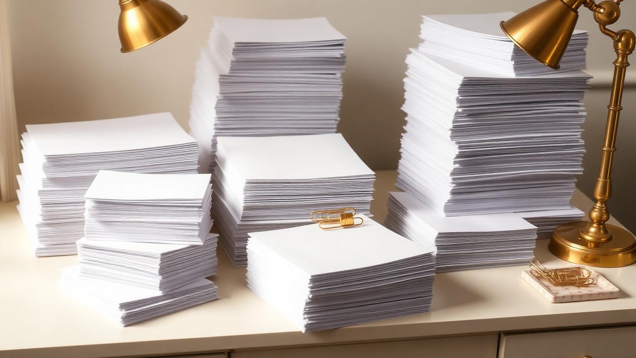 Neat stacks of blank paper sorted on an ivory desk beside a brass lamp