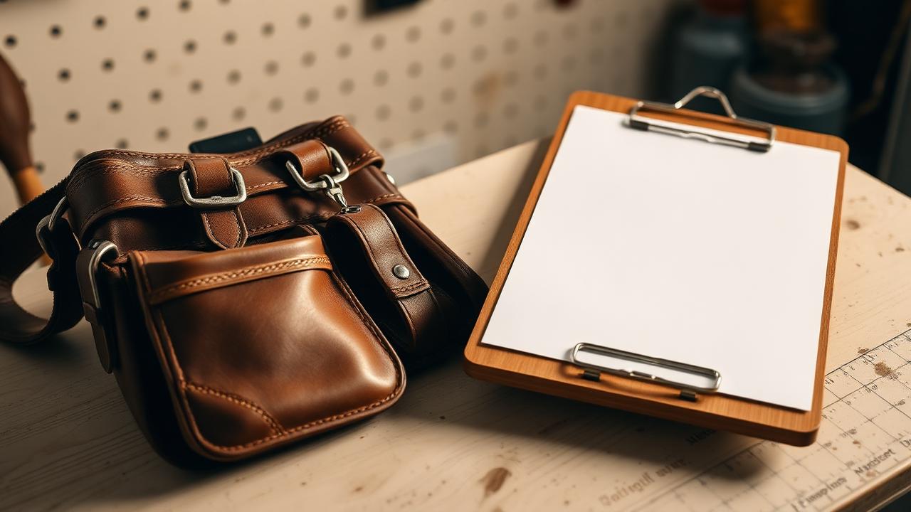 A leather tool belt and a clipboard with a blank sheet on a workbench