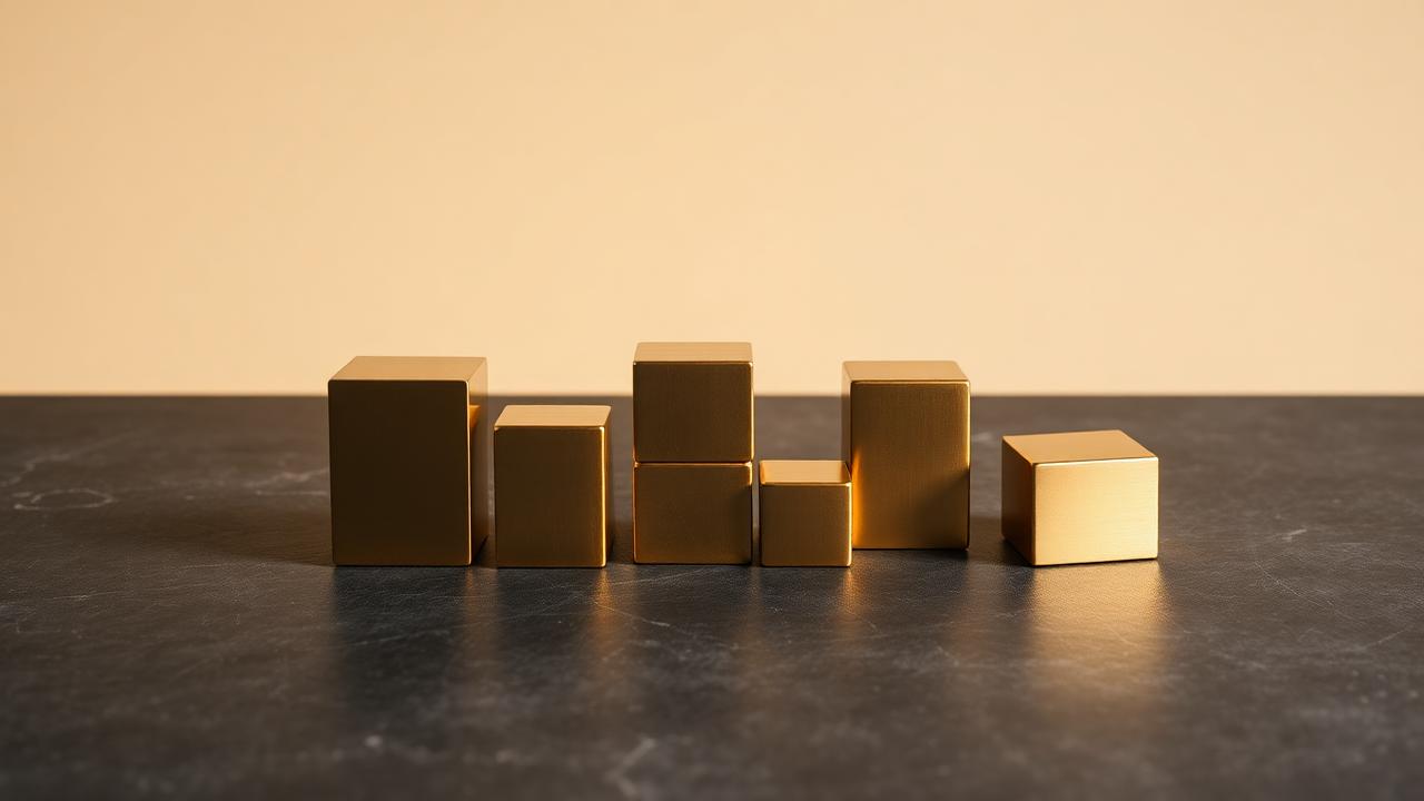 Polished brass blocks of different heights arranged on a dark stone surface