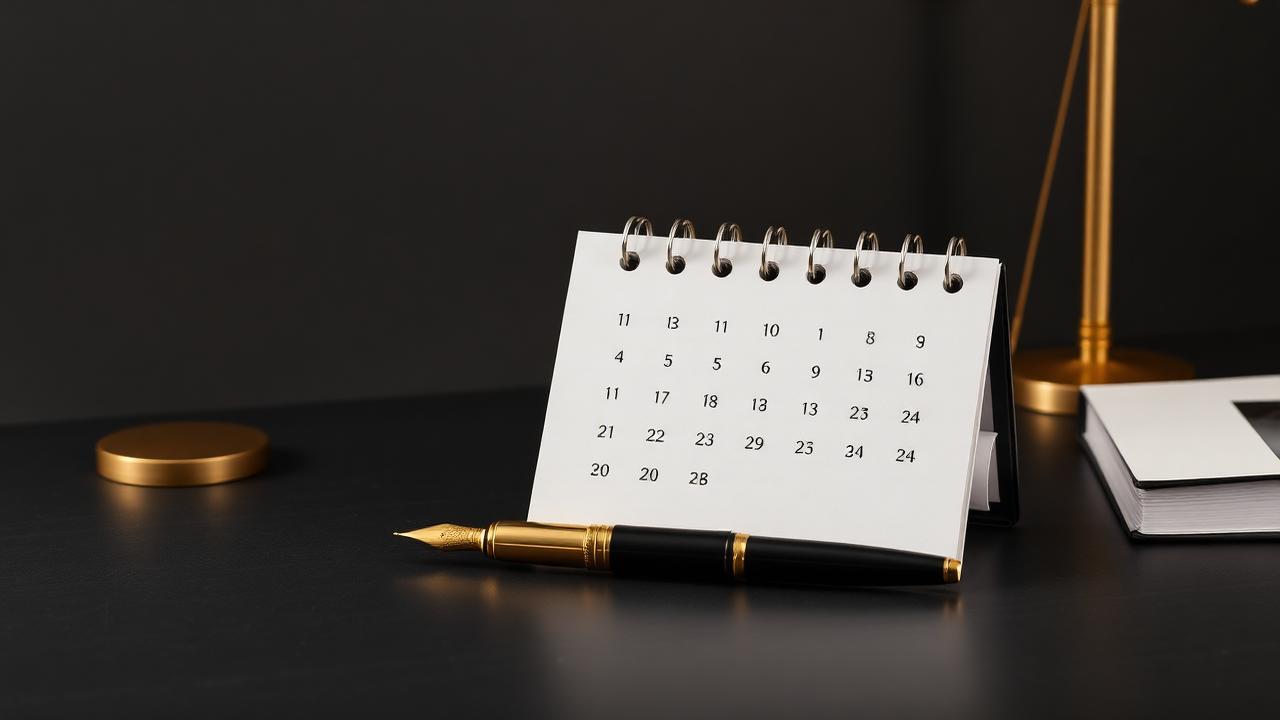 A blank desk calendar and a brass fountain pen on a dark charcoal surface