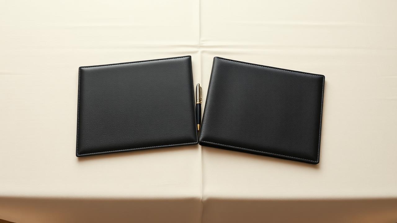 Two matching leather document folders side by side on an ivory table