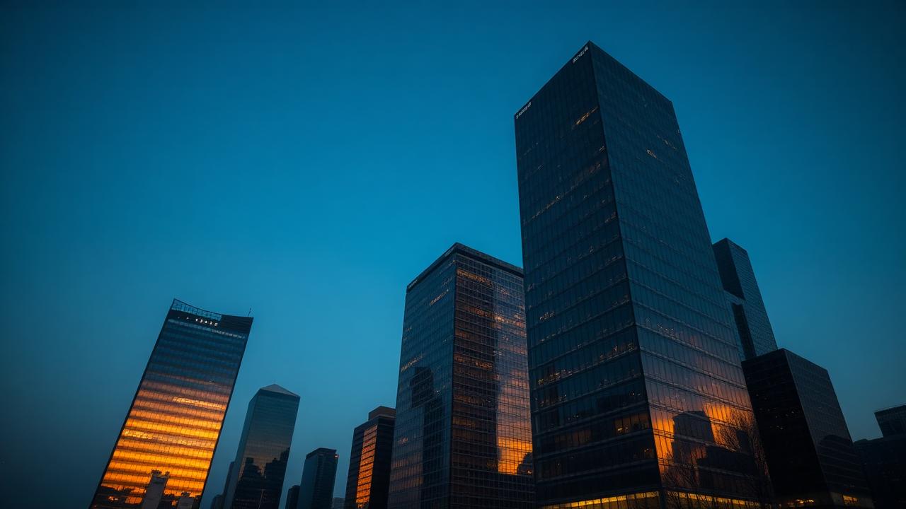 Glass office towers at dusk reflecting warm gold light