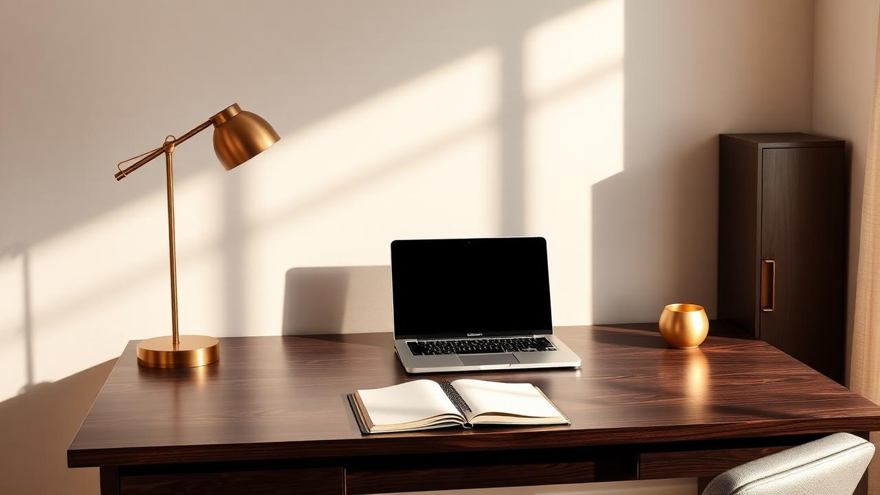 A minimal home office desk with a laptop, notebook, and brass lamp