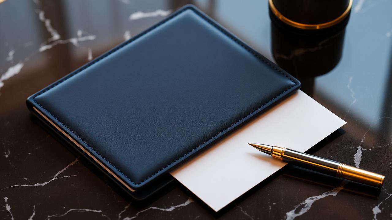 A closed navy document folder and blank card on a dark marble desk