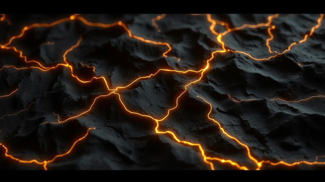 Abstract dark relief surface crossed by thin glowing gold route lines