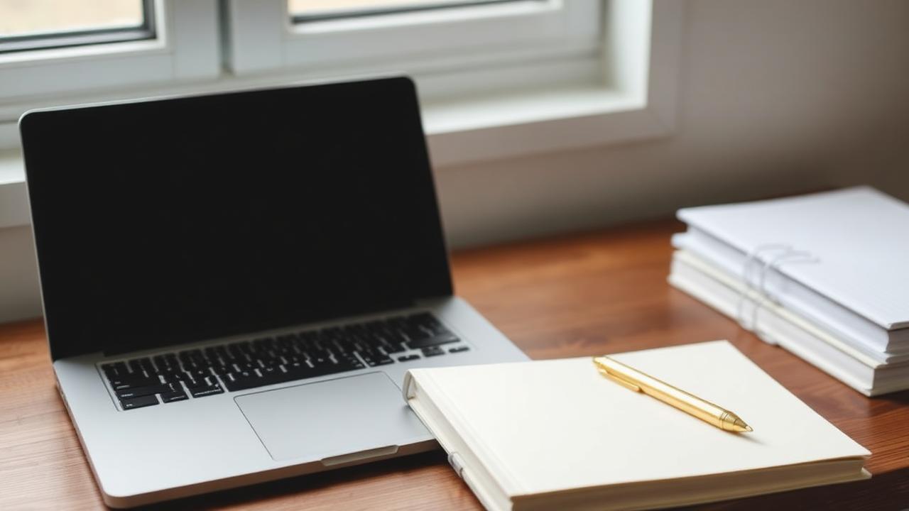 A laptop and an ivory notebook on a walnut desk beside a brass pen