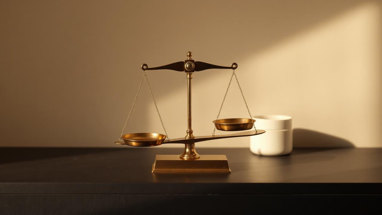 A polished brass balance scale on a dark desk lit by warm light