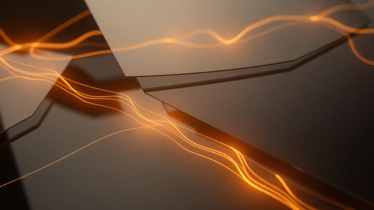 Abstract layered dark glass panels traced with warm gold light lines