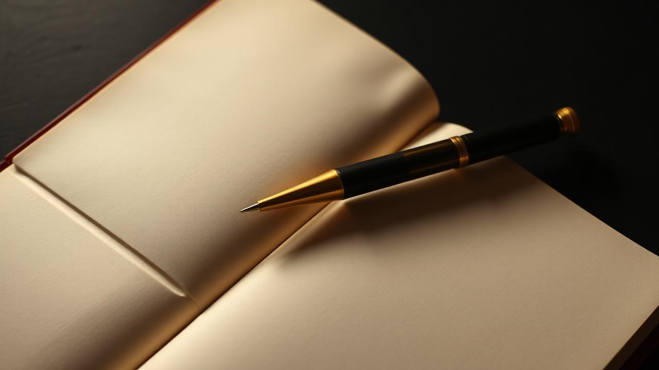 An open blank ledger notebook with a brass and black pen