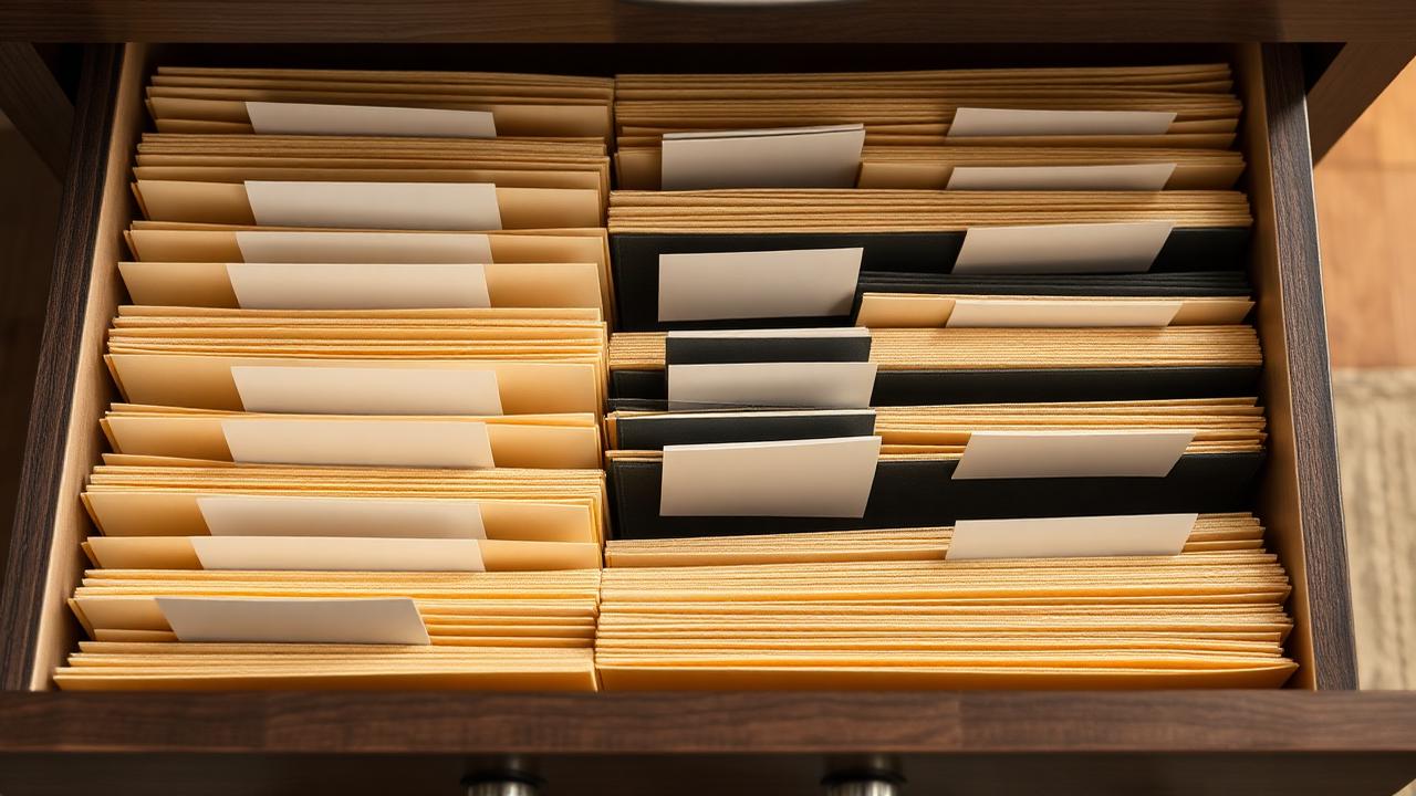 Neatly arranged unlabeled file folders in an open dark wood filing drawer